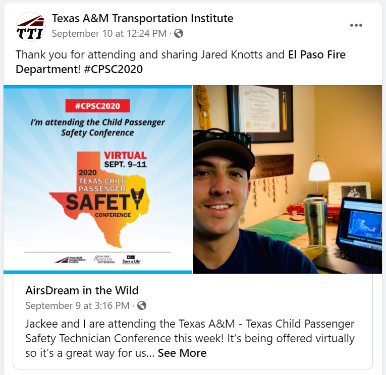 TTI highlights a Facebook post from Jared Knotts announcing his and Jackee's participation in the 2020 Texas Child Passenger Safety Conference as a way to say thank you.