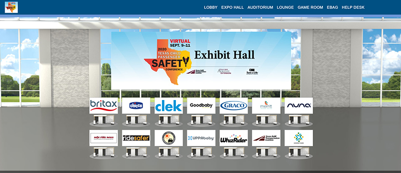 Entrance to the 2020 Texas Child Passenger Safety Conference virtual exhibit hall including links to meet each virtual exhibitor.